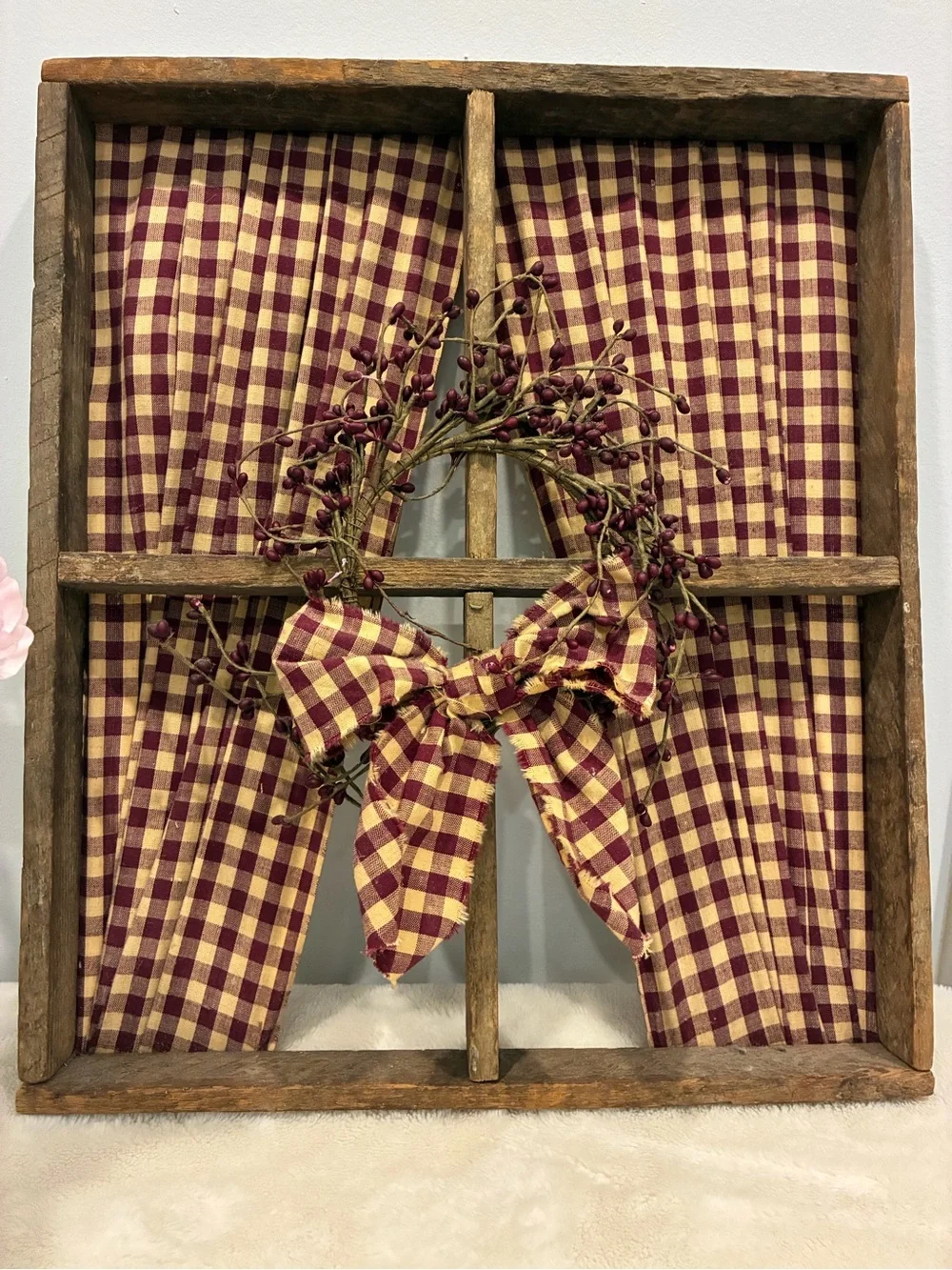 Home Holiday Burgundy & Cream Plaid Decorative Window Panel and Wreath Set